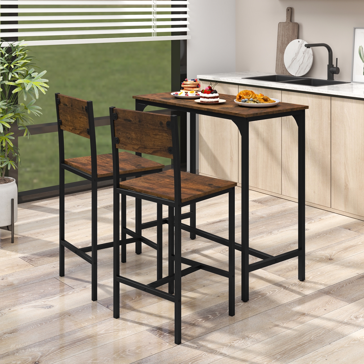 JV12465CF Bar Table Set with Backrest & Footrest for Small Space - Rustic Brown - 3 Piece