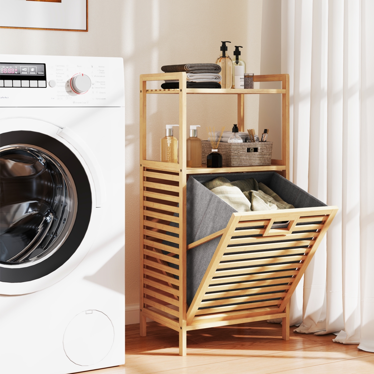JV12472NA Bamboo Tilt out Laundry Hamper with Foldable & Removable Basket - Natural