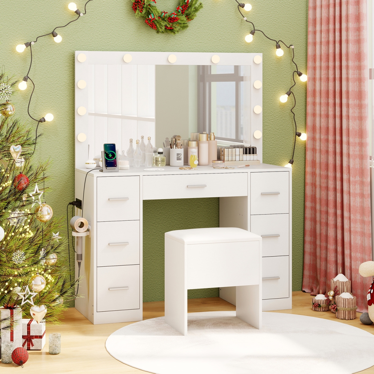 JV12518US-WH 43.5 in. Vanity Desk with Mirror & Lights for Bedroom - White