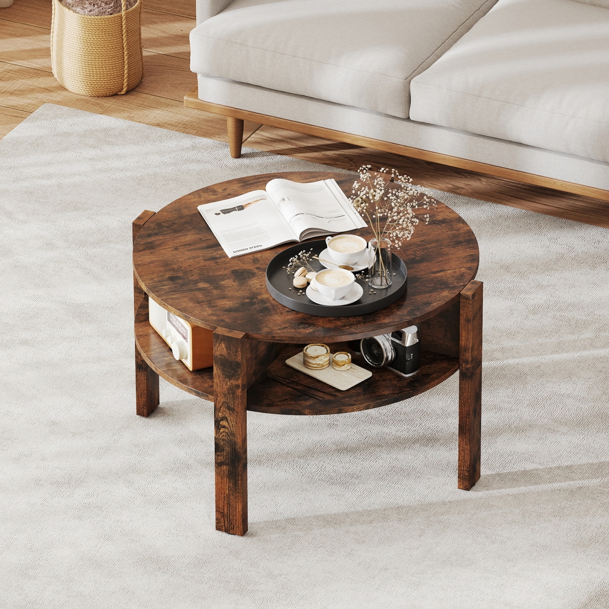JV12608CF 29.5 in. Round Coffee Table with Storage Shelves for Small Space - Rustic Brown