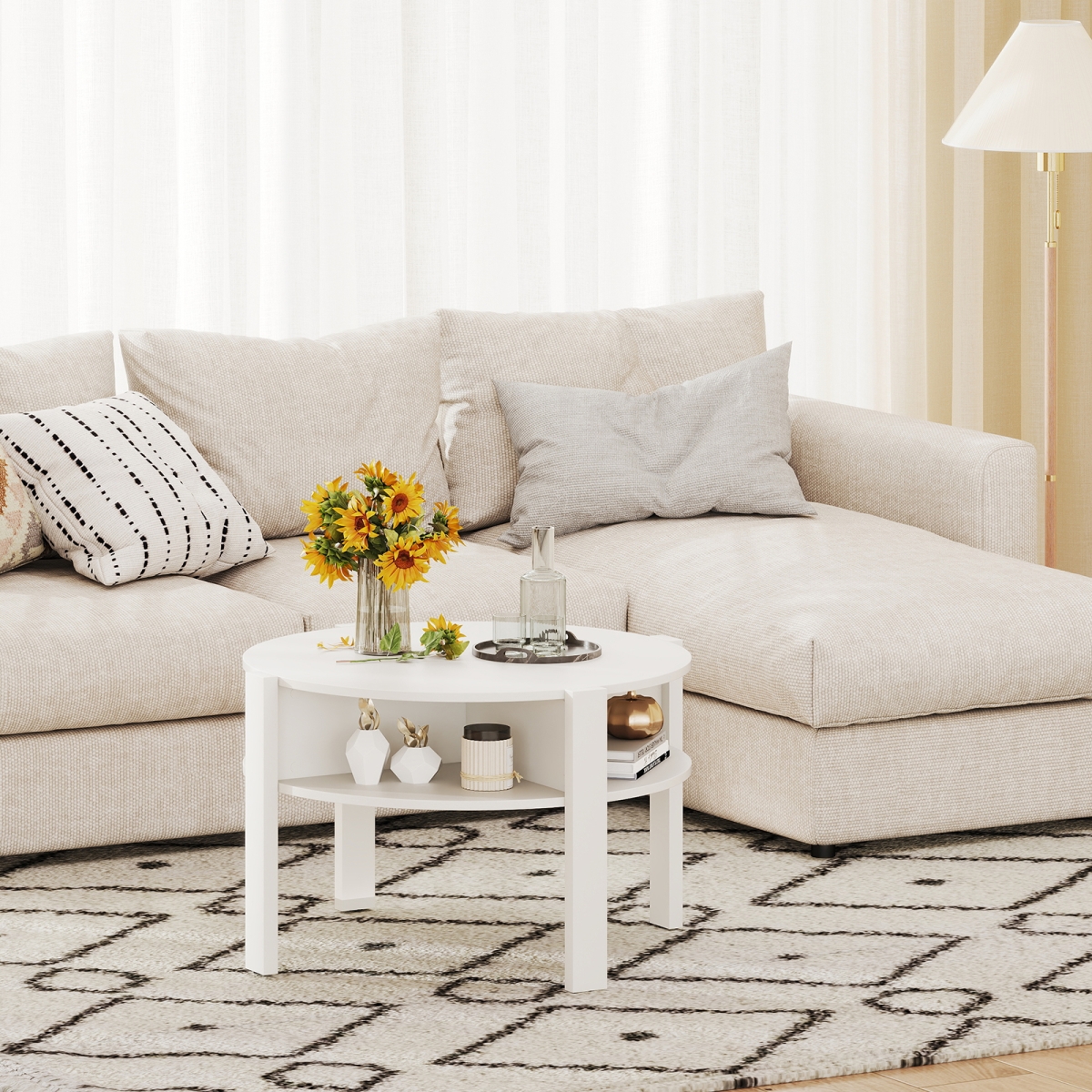 JV12608WH 29.5 in. Round Coffee Table with Storage Shelves for Small Space - White