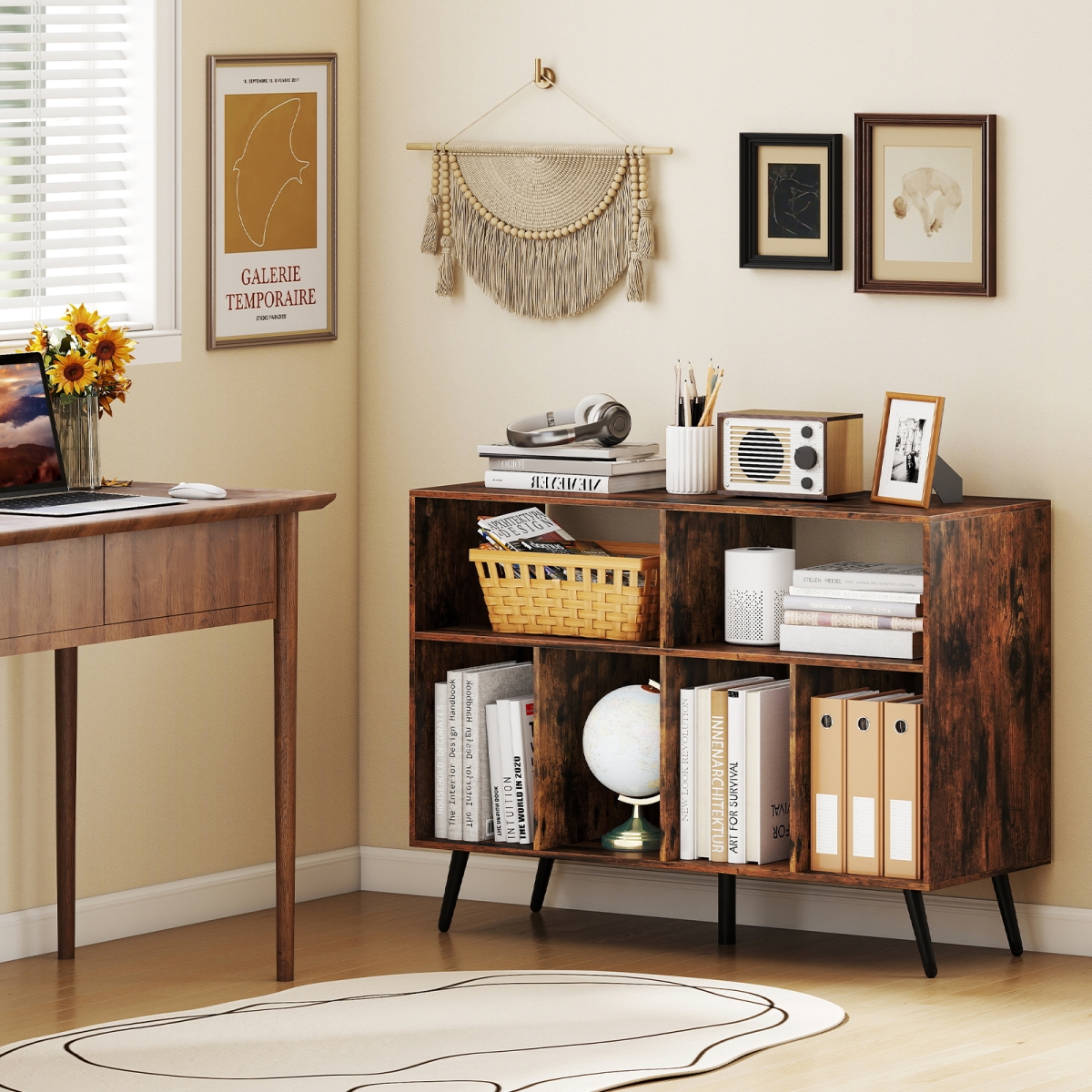 JV12858US-CF Record Player Stand with Charging Station & Open Shelves - Rustic Brown
