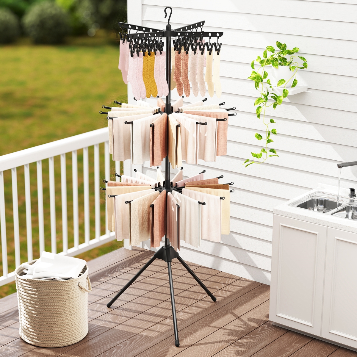 JZ10364DK 3-Tier Tripod Freestanding Folding Clothes Drying Rack with 24 Clips - Black