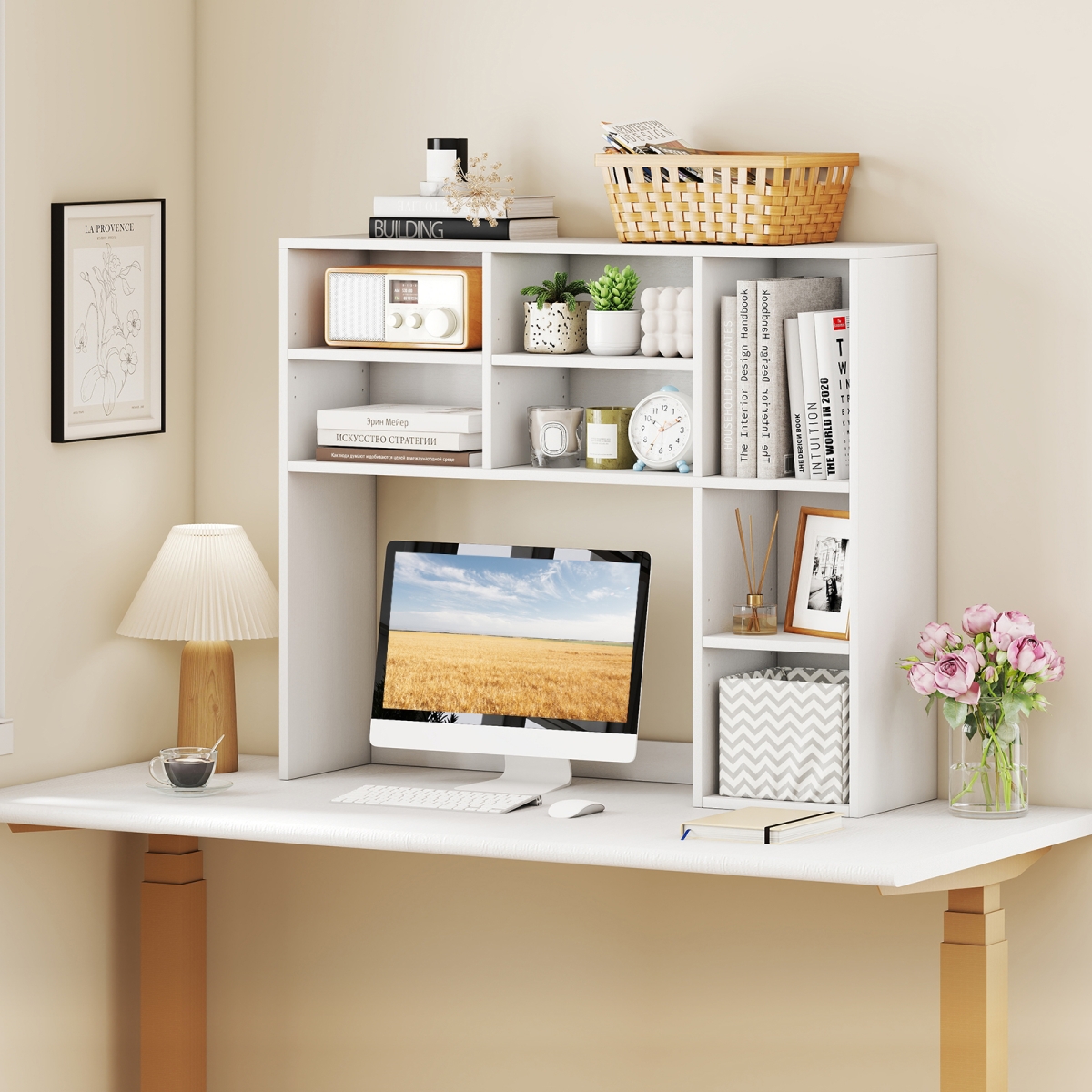 JZ10367WH Desktop Bookshelf with 7 Open Cubbies & 3 Adjustable Shelves - White