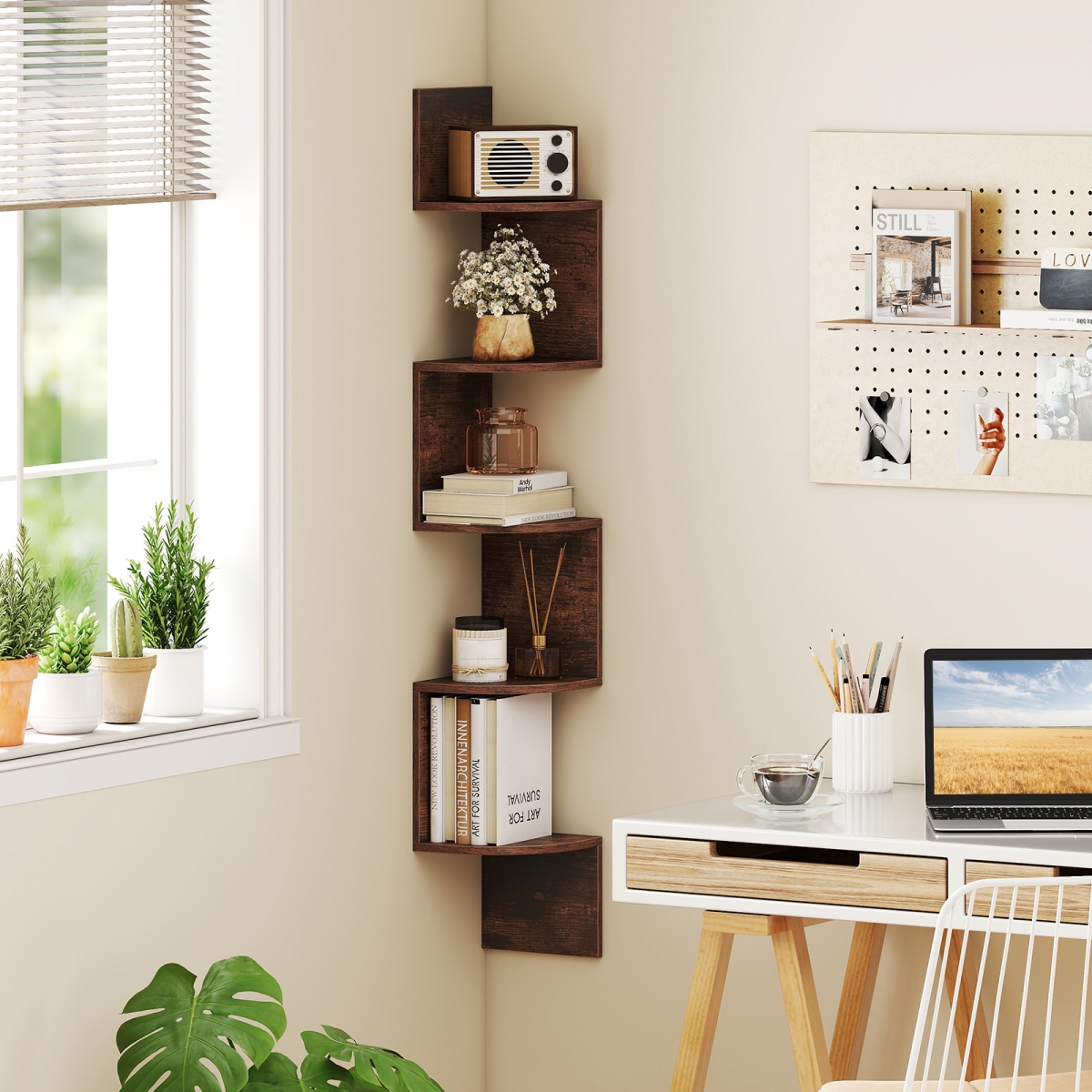 JZ10376CF 5-Tier Corner Shelf Floating Bookshelf Wall Mounted Storage Organizer - Rustic Brown
