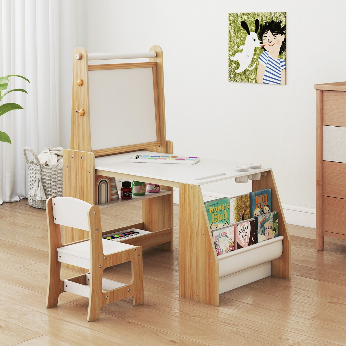 HY10391NA Kids Art Table & Chair Set with Easel for Drawing Reading - Natural