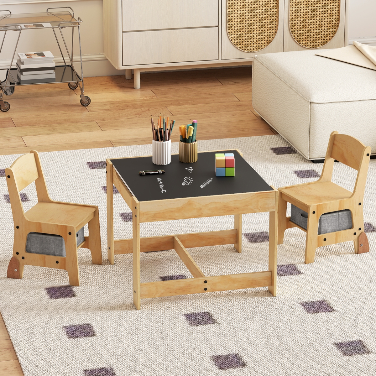 HY10390HS 3-in-1 Kids Table & Chair Set with Removable Tabletop & 2 Storage Drawers - Gray