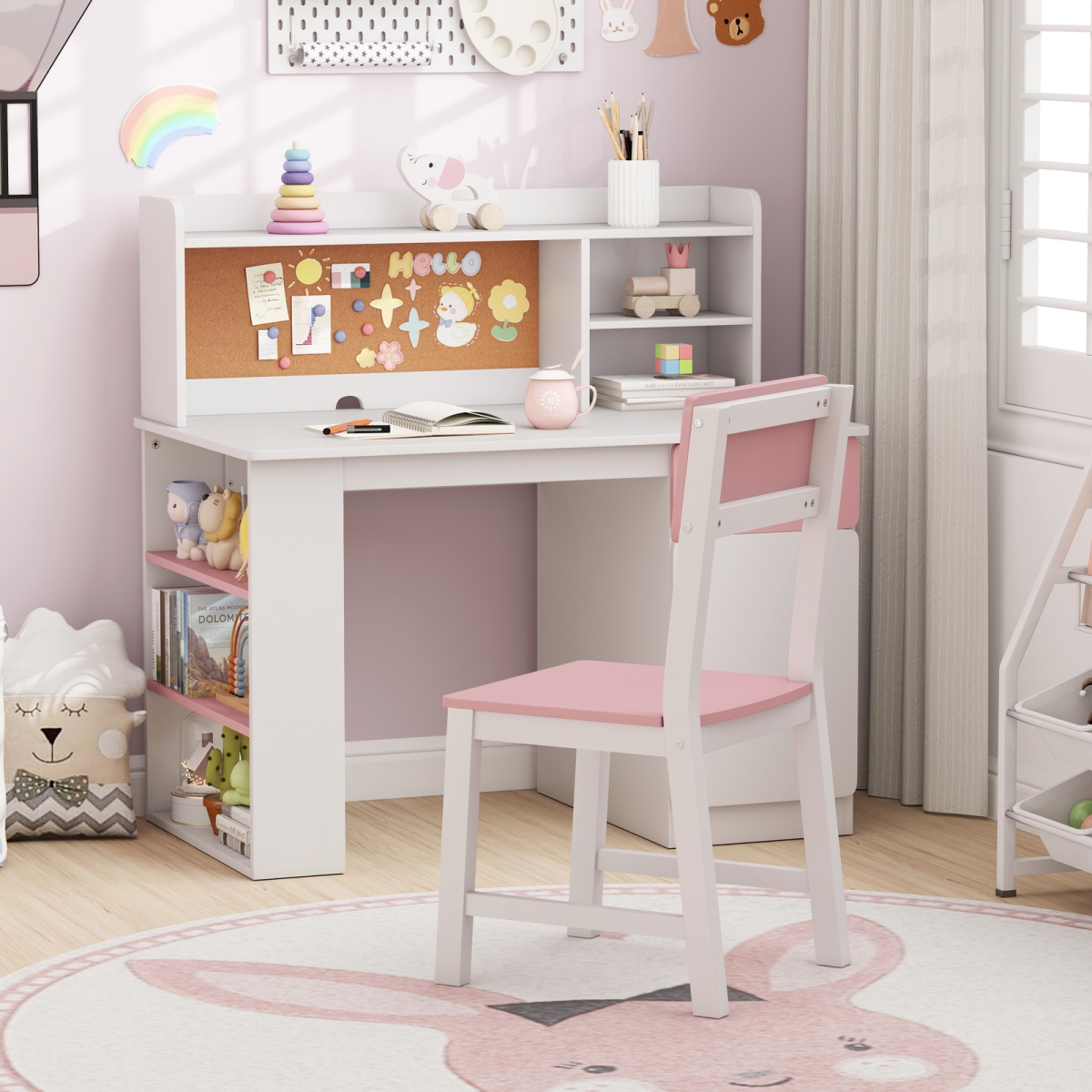 HY10342PI Kids Desk & Chair Set with Hutch & 3-Layer Side Shelf - Pink