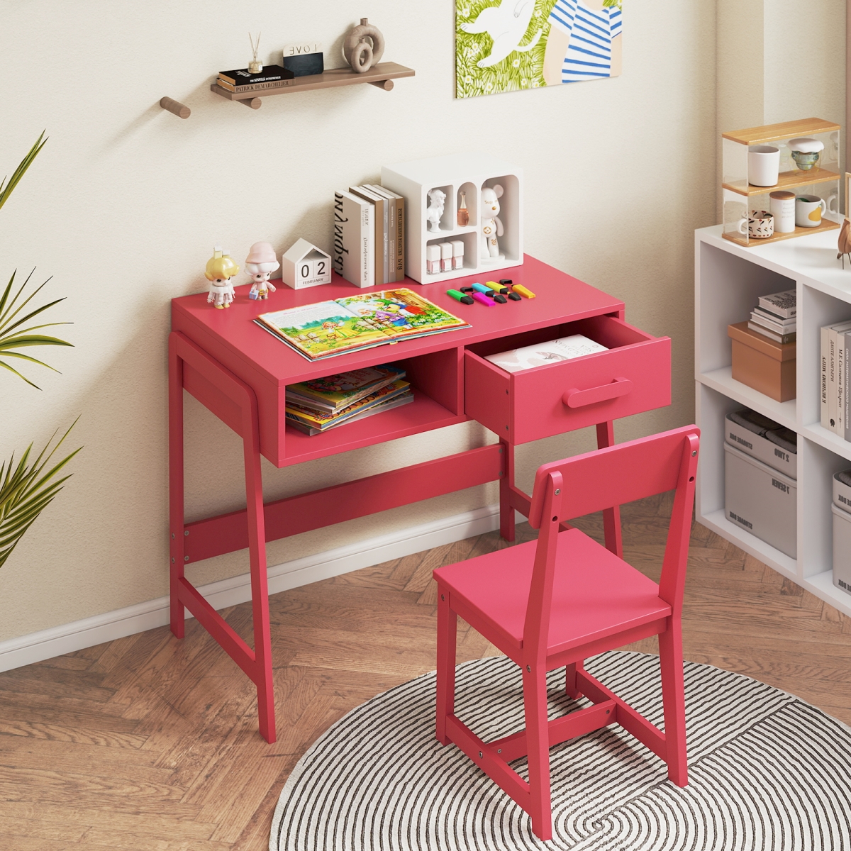 HY10356PI Kids Desk & Chair Set with Storage Drawer & Hutch - Pink