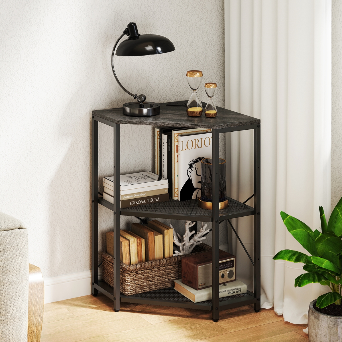 JV12327US-DK Corner Printer Stand with Power Outlet 3-Tier Storage Rack with Adjustable Shelf - Black