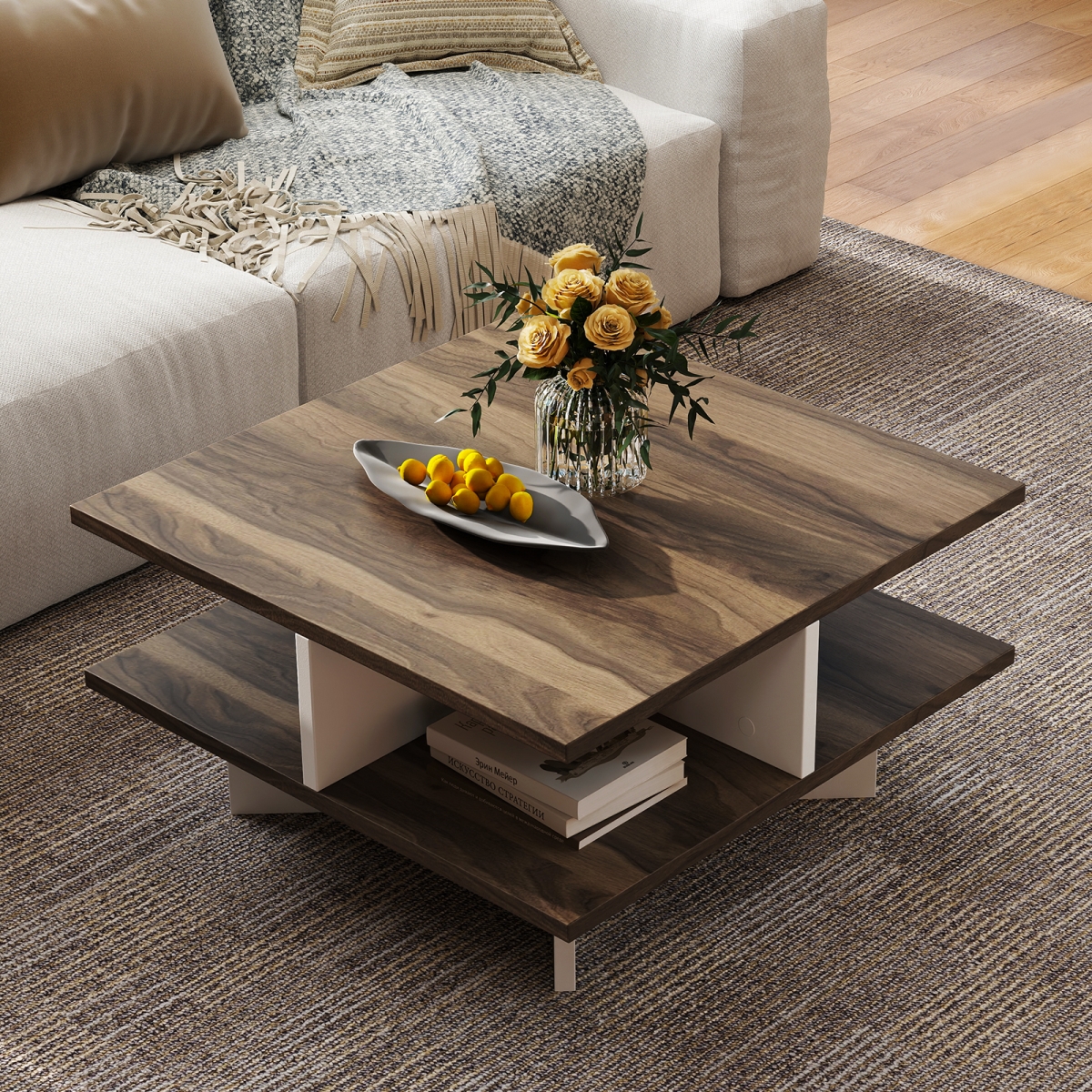 JV12348WN 2-Tier Square Coffee Table with 4 Storage Compartments - Walnut