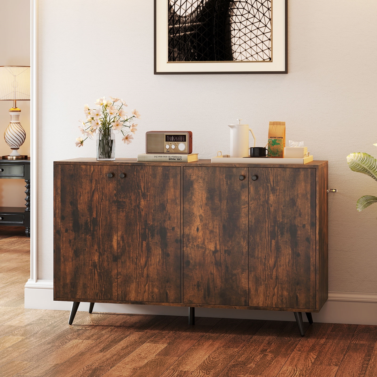 JV12678CF- Buffet Sideboard Mid Century Modern Storage Cabinet with Adjustable Shelves - Rustic Brown