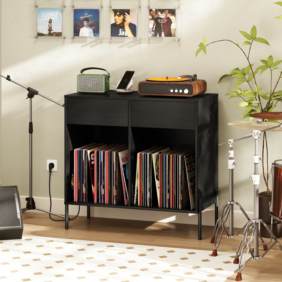 JV12493US-DK Record Player Stand with Power Outlets Double Wide Turntable Stand Vinyl Storage Table - Black