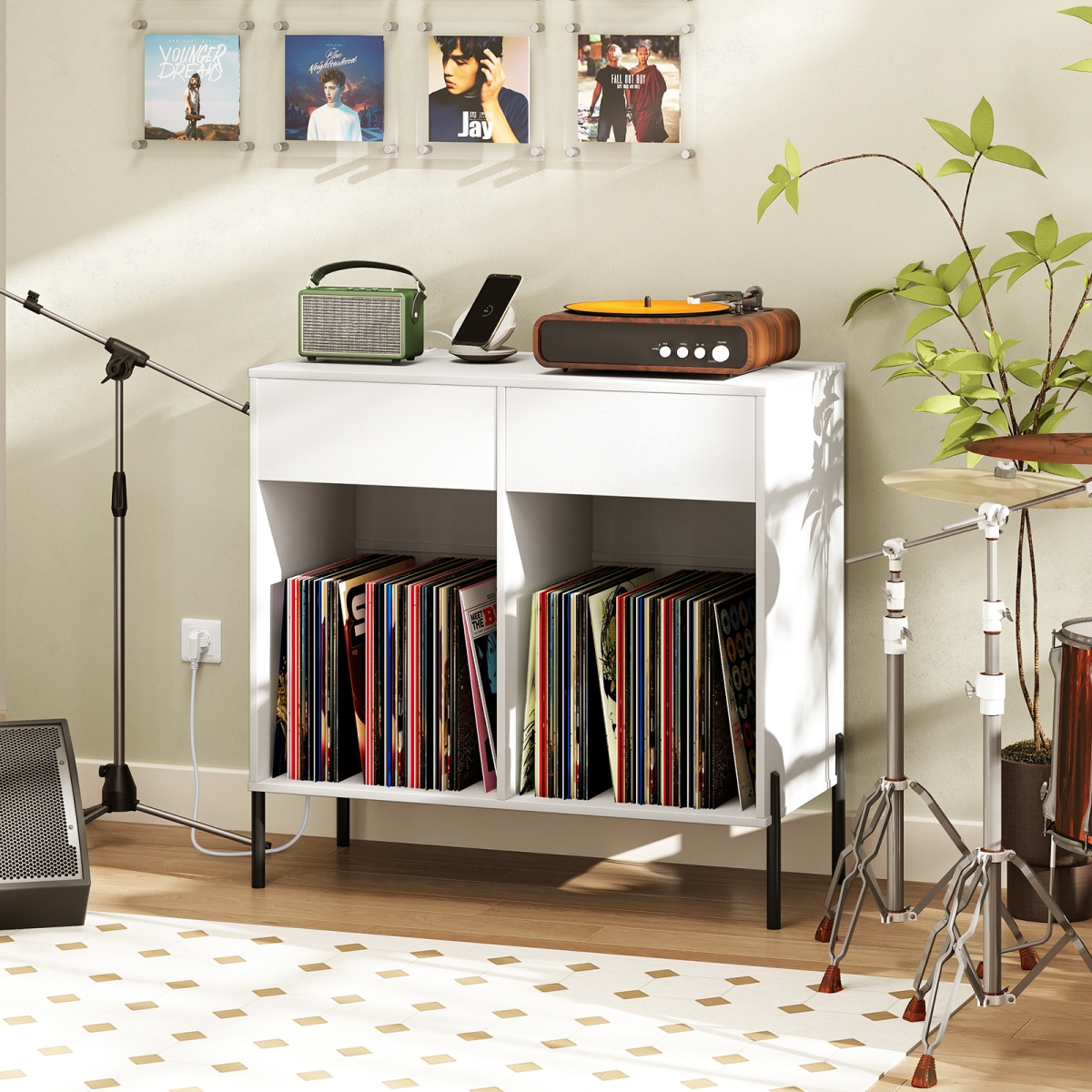 JV12493US-WH Record Player Stand with Power Outlets Double Wide Turntable Stand Vinyl Storage Table - White