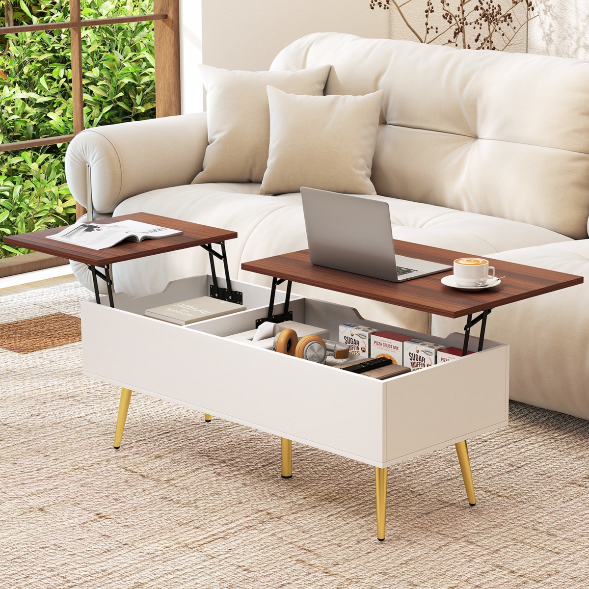 JV12613WT 47 in. Lift Top Coffee Table with 2 Hidden Compartments - Walnut