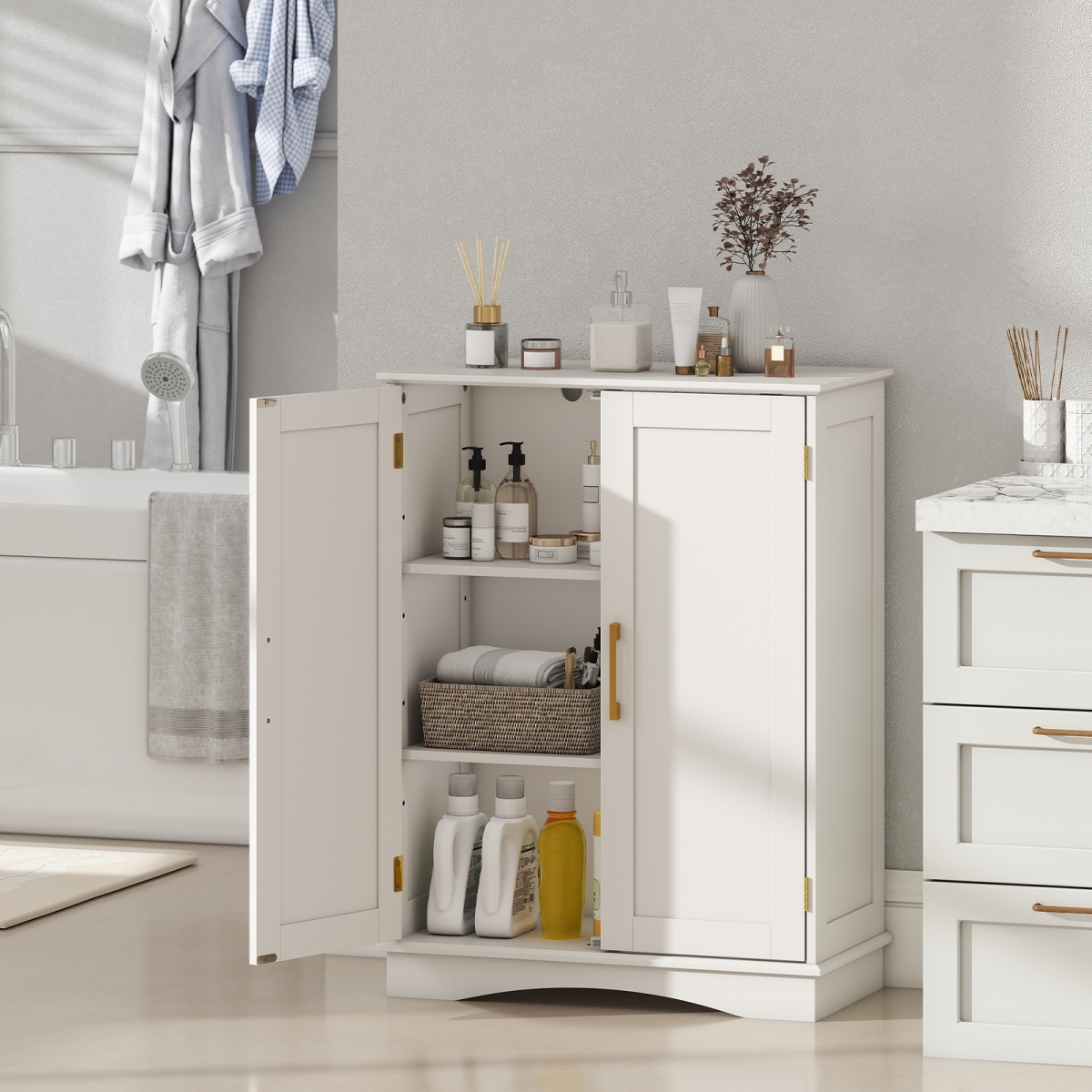 JV12614WH Bathroom Floor Storage Cabinet with 2 Doors & Adjustable Shelves - White