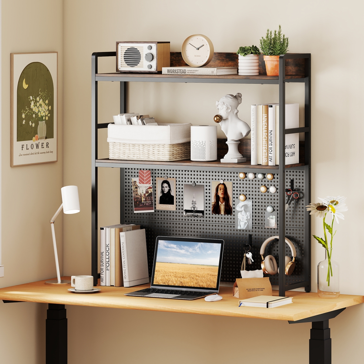 JZ10371CF Multipurpose 2-Tier Desktop Bookshelf with Pegboard for up to 32 in. Computer Monitor - Rustic Brown