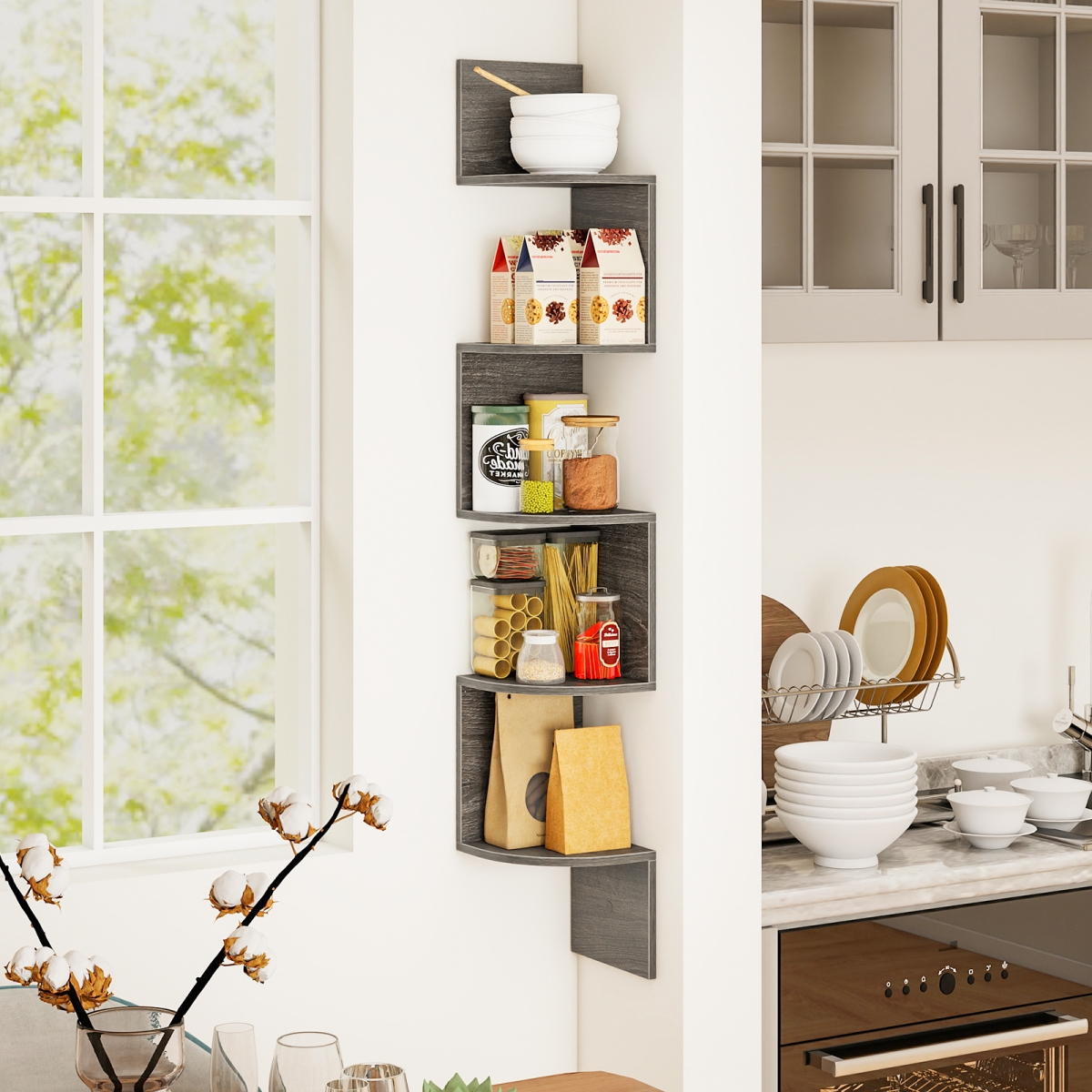 JZ10376OA 5-Tier Corner Shelf Floating Bookshelf Wall Mounted Storage Organizer - Oak