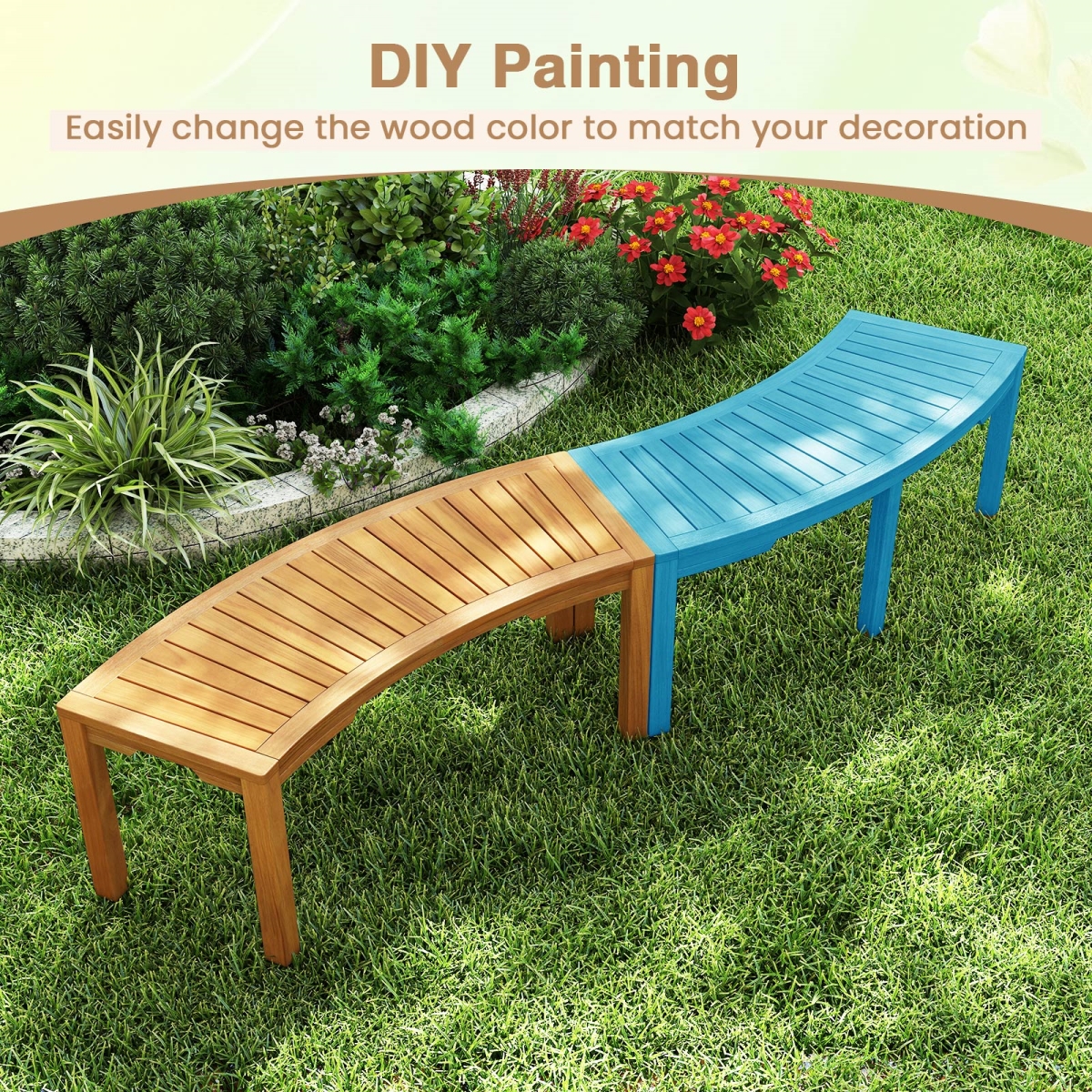 HW73962-2 Outdoor Acacia Wood Curved Garden Bench 2-Person - Set of 2