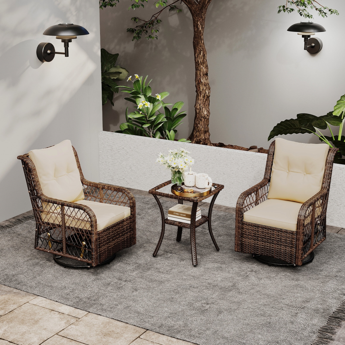 HW74044BN Patio Furniture Set with PE Wicker Swivel Glider Chairs with 2-Tier Side Table & Cushions - Brown - 3 Piece