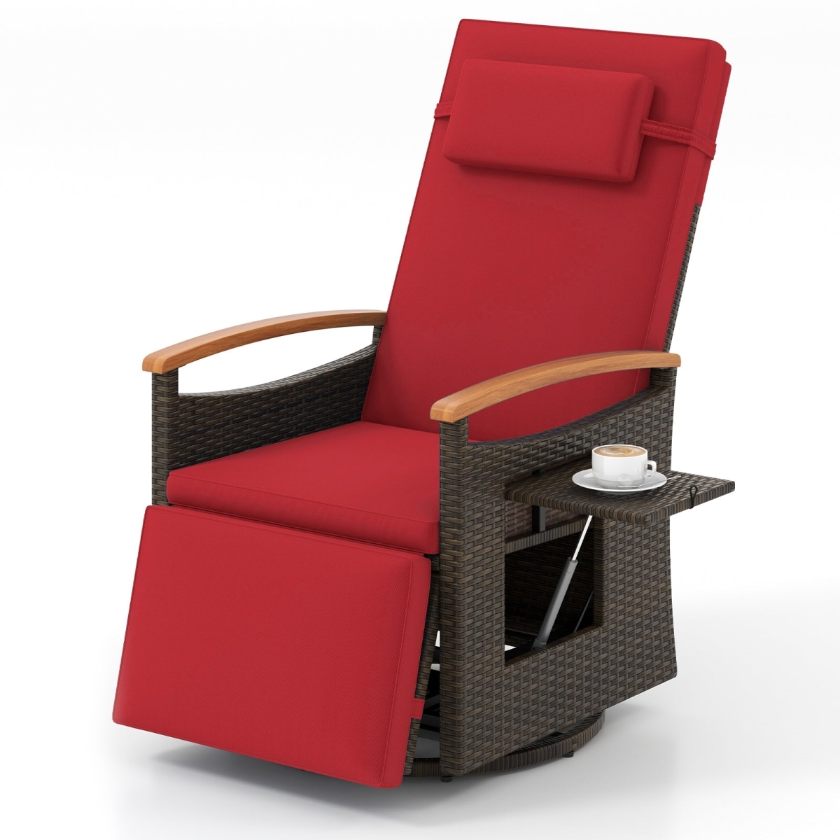 HW74097RE Patio Rattan 360 deg Swivel Recliner Chair with Adjustable Backrest & Footrest - Red