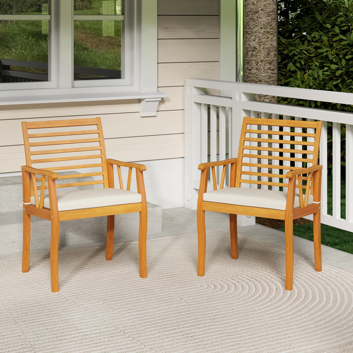 HW74344WH-2 Patio Dining Chairs Outdoor Acacia Wood Armchairs Bistro Conversation Furniture - White - 2 Piece