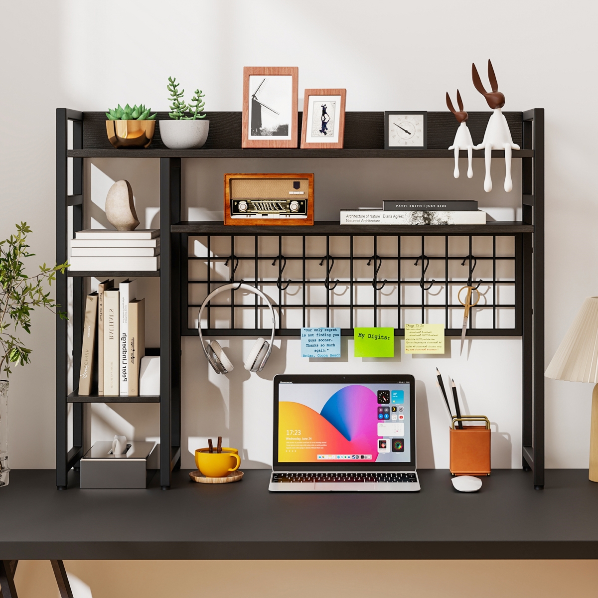 JZ10372DK 4-Tier Desk Shelf Desktop Display Rack with Metal Grid Panel & 6 Hooks - Black