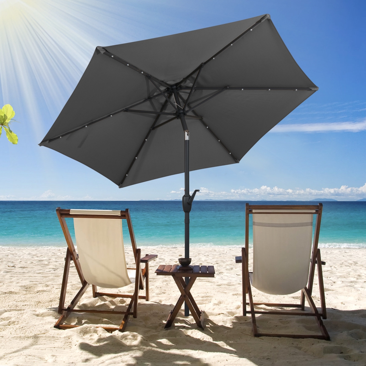 NP12190GR 7.5 ft. Solar Powered Patio Umbrella with LED Lights & Crank Handle - Gray