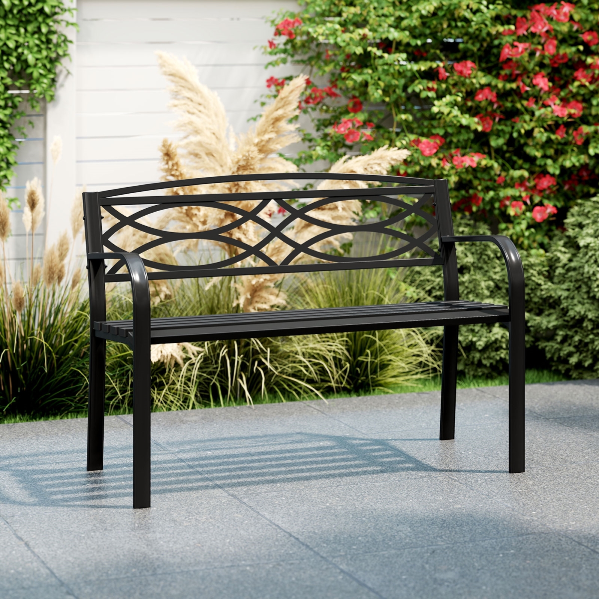 NP12219DK Garden Bench with Curved Armrests & Backrest - Black