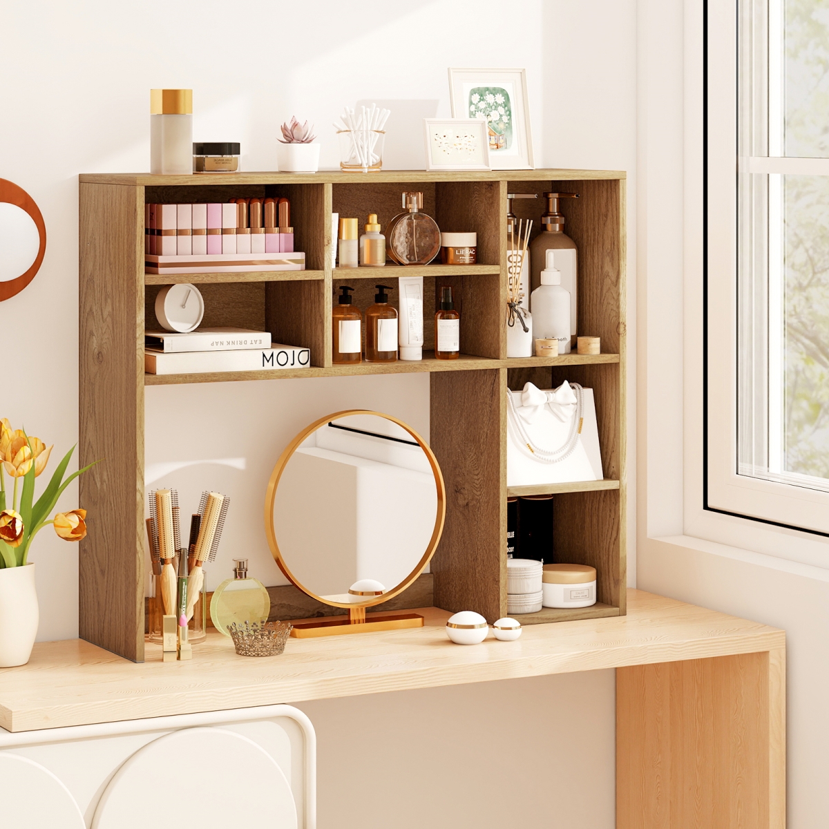 JZ10367NA Desktop Bookshelf with 7 Open Cubbies & 3 Adjustable Shelves - Natural