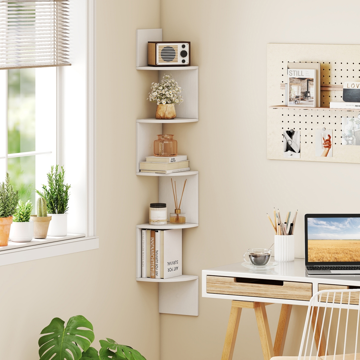 JZ10376WH 5-Tier Corner Shelf Floating Bookshelf Wall Mounted Storage Organizer - White