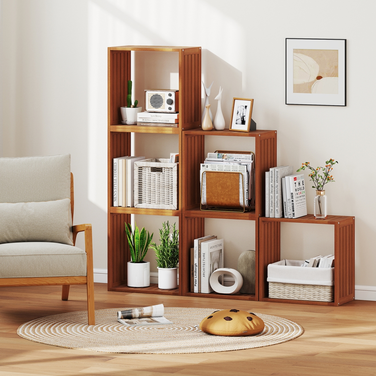 JZ10436 3 Cube Bookcases Solid Wood Stacking Storage Organizers with Open Slatted Design