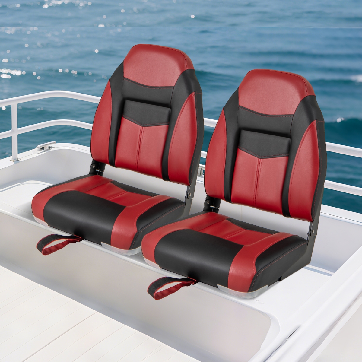 NP10522RE-2 High Back Folding Boat Seat Set with Sponge Cushion, Red - 2 Piece