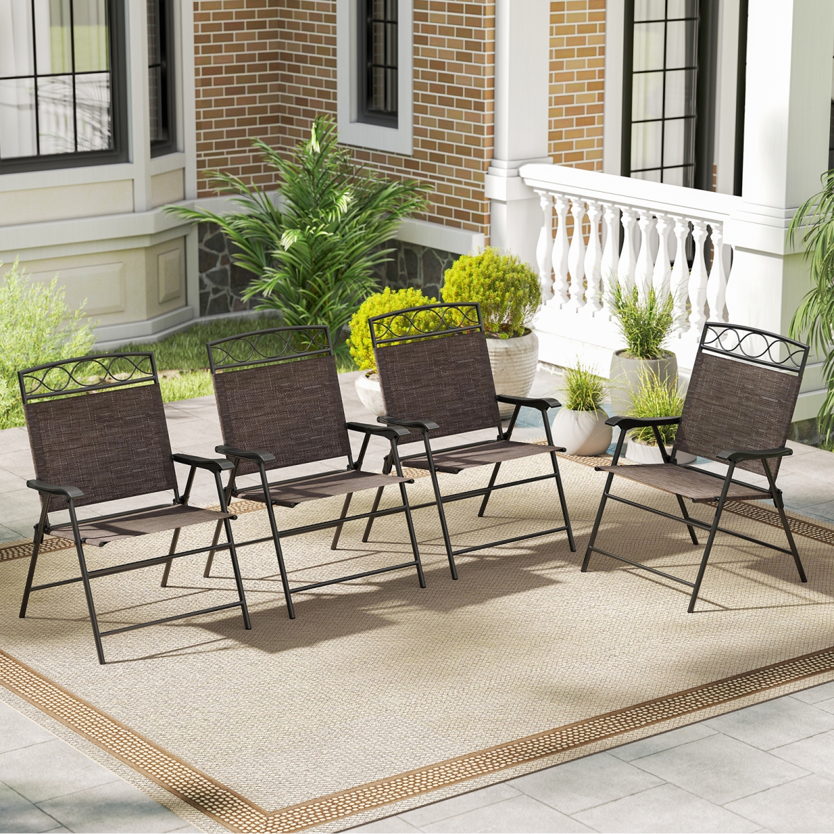 NP12429CF-4 Patio Folding Dining Chairs with Armrests - Brown - Set of 4