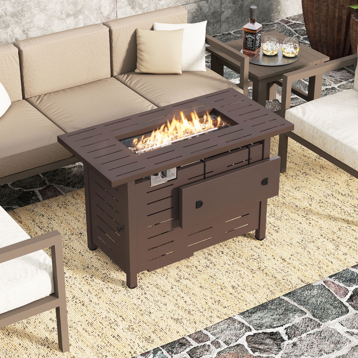 NP12542US-CF 40 in. Outdoor Propane Fire Pit Rectangle Gas Fire Table with Lava Rocks - Brown