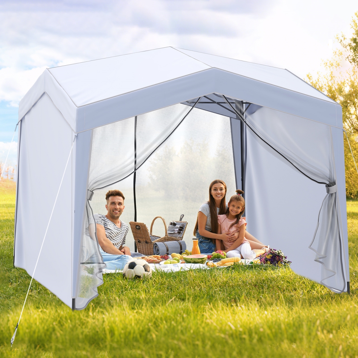 NP12594WH Pop up Canopy Tent with 4 Sidewalls Mesh Netting Wheeled Bag - White