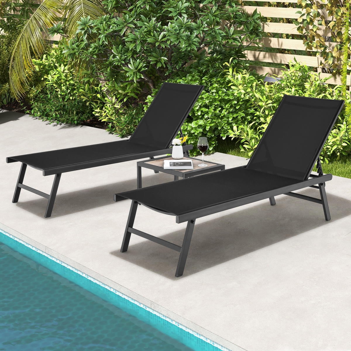 NP11119DK Patio Chaise Lounge Chair & Table Set for Poolside Yard - Black - 3 Piece