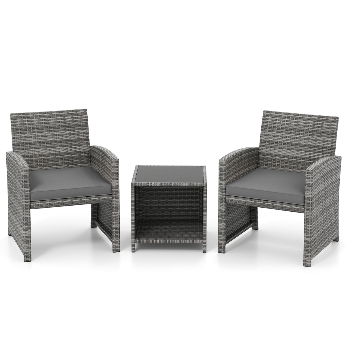 HW73636GR Patio Furniture Set with Tempered Glass Coffee Table & Soft Seat Cushions - Gray - 3 Piece