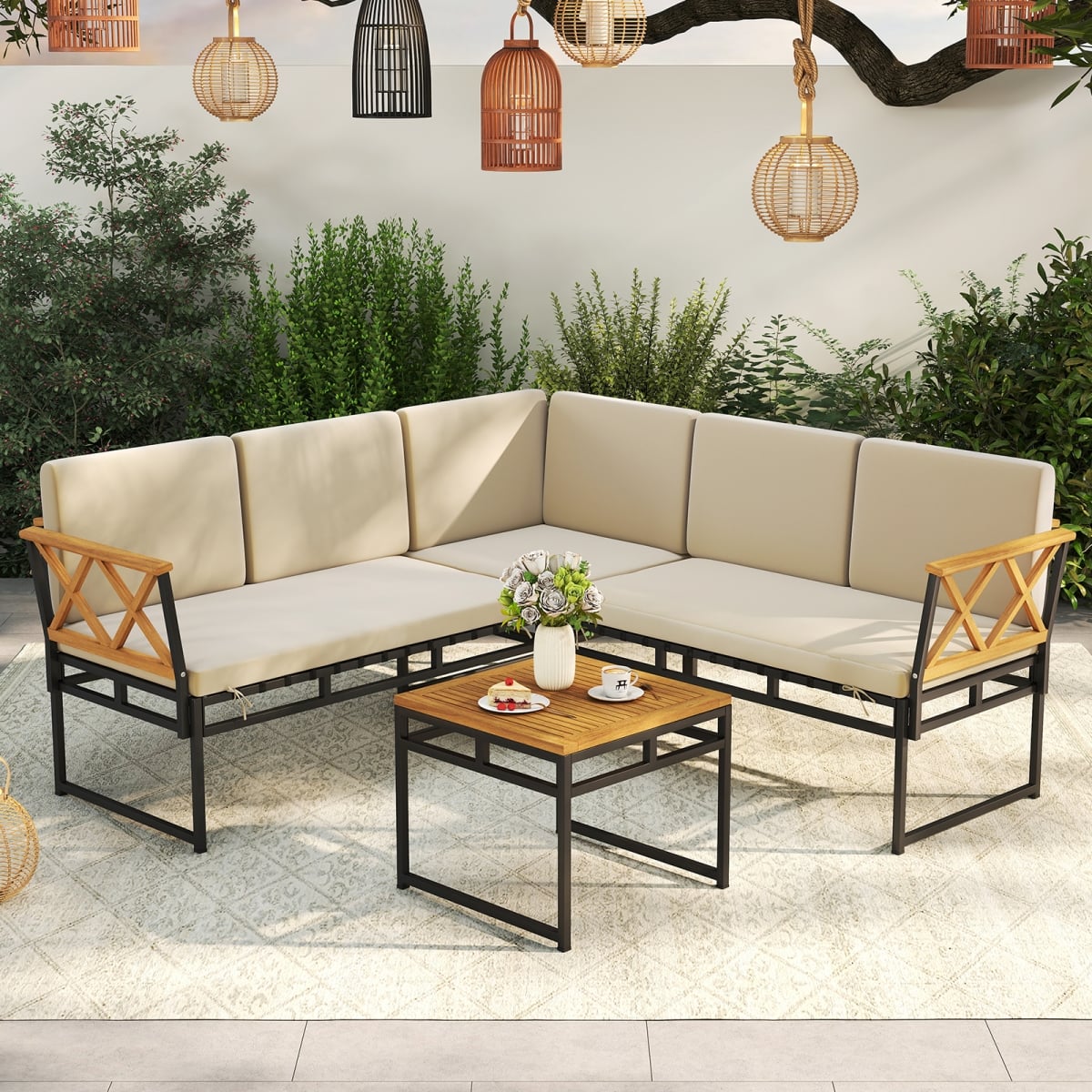 HW74061BN- Patio L-Shaped Sofa Set with Cushions & Side Table - Brown - 4 Piece
