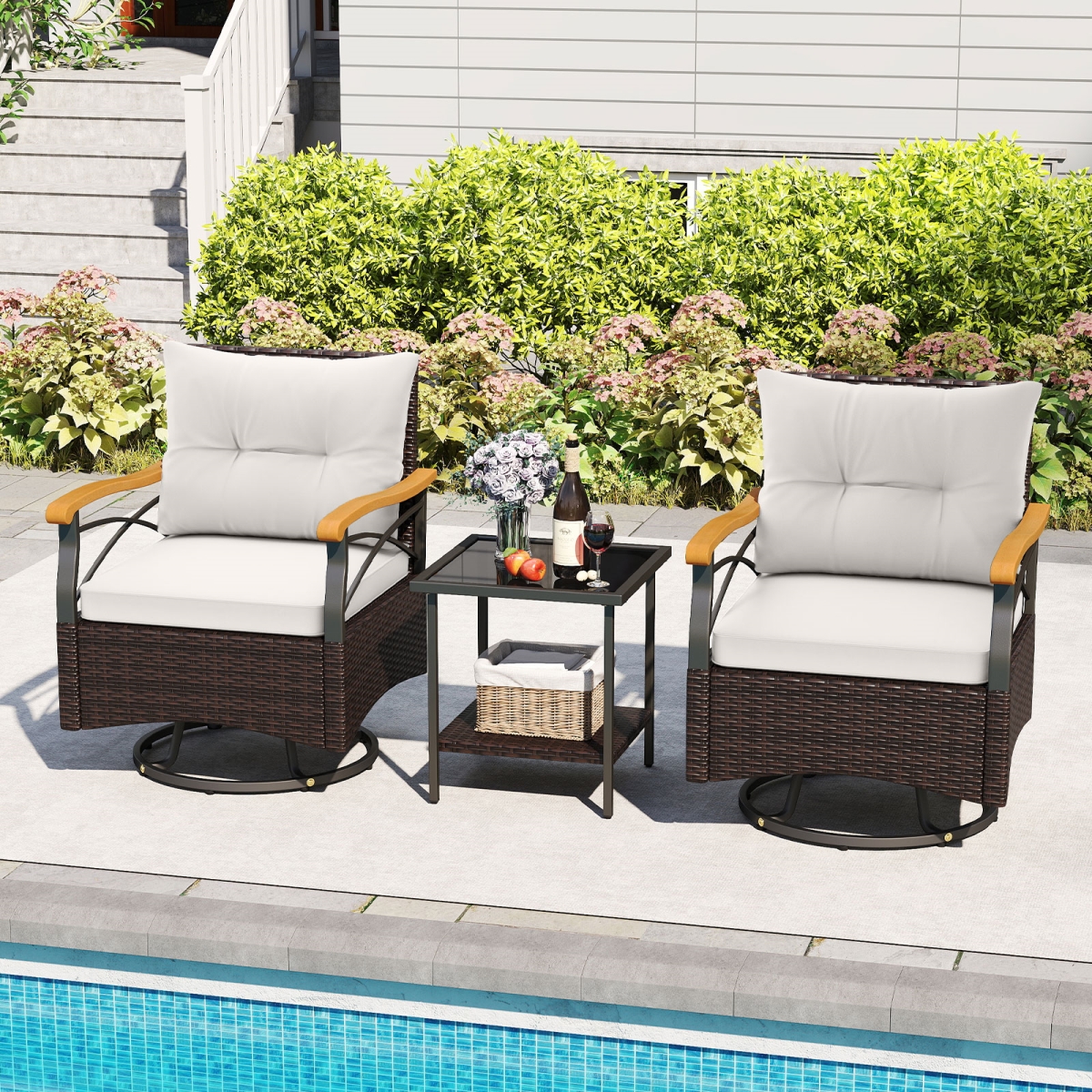 HW74101WH Outdoor Swivel Chair Set with Tempered Glass Side Table - White - 3 Piece