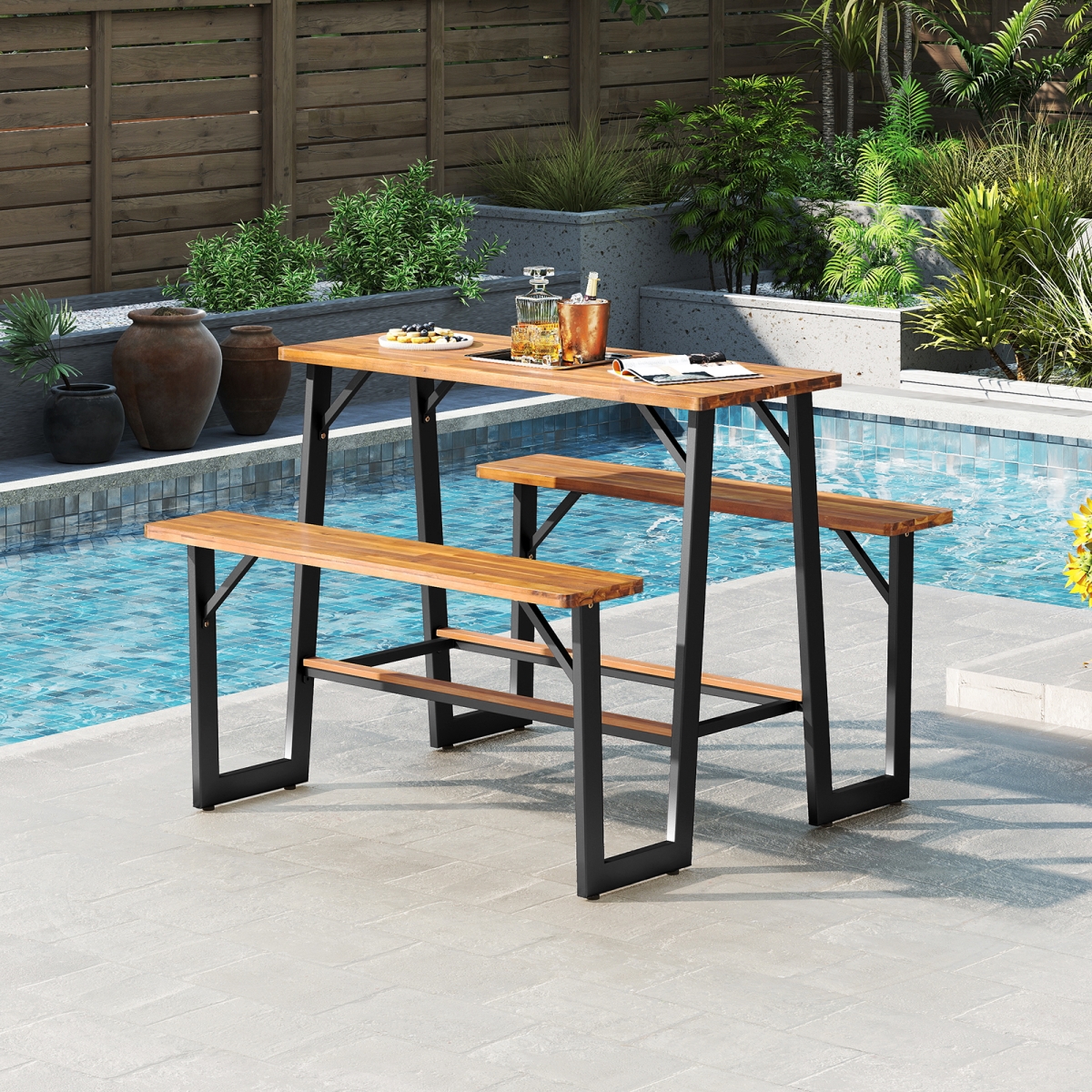 HW74115 Patio Picnic Table Bench Set with Acacia Wood Tabletop & Benchtop