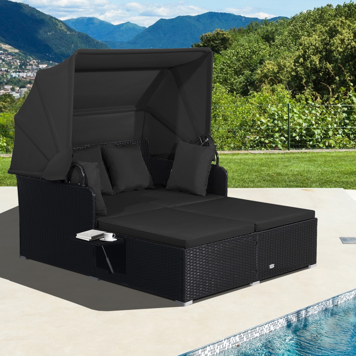 HW72406DK Patio Rattan Daybed with Retractable Canopy & Side Tables - Black