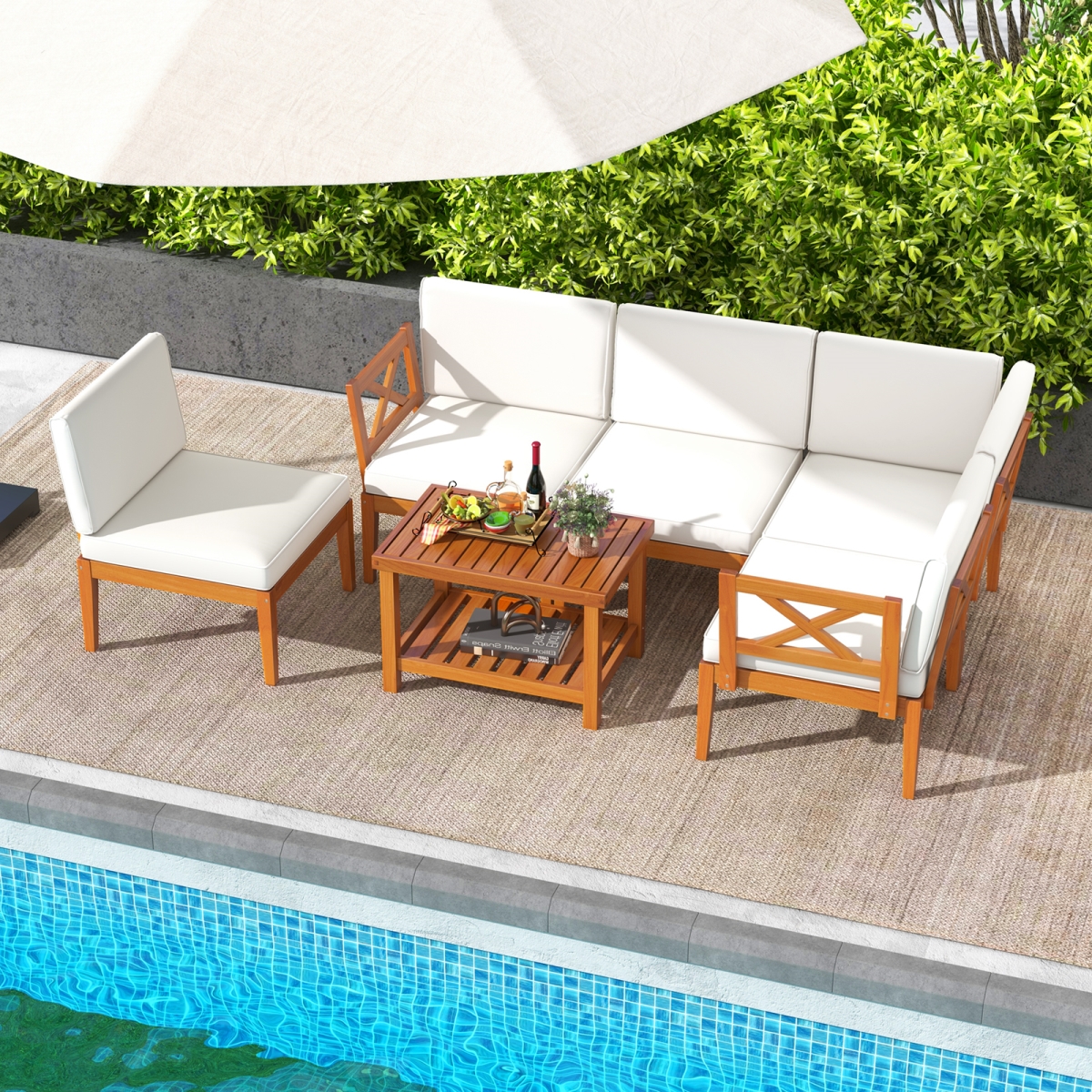 HW72947WH- Acacia Wood Patio Furniture Set with Cushions & 2-Tier Coffee Table - White - 6 Piece