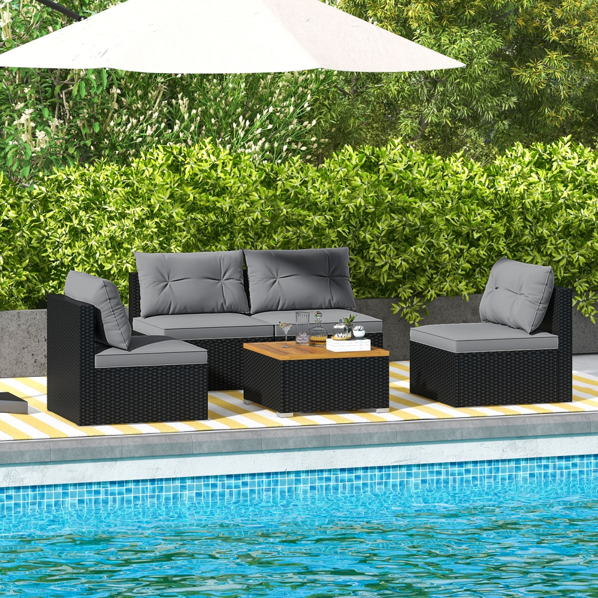HW73007GR Outdoor Furniture Set with Solid Tabletop & Soft Cushions - Gray - 5 Piece