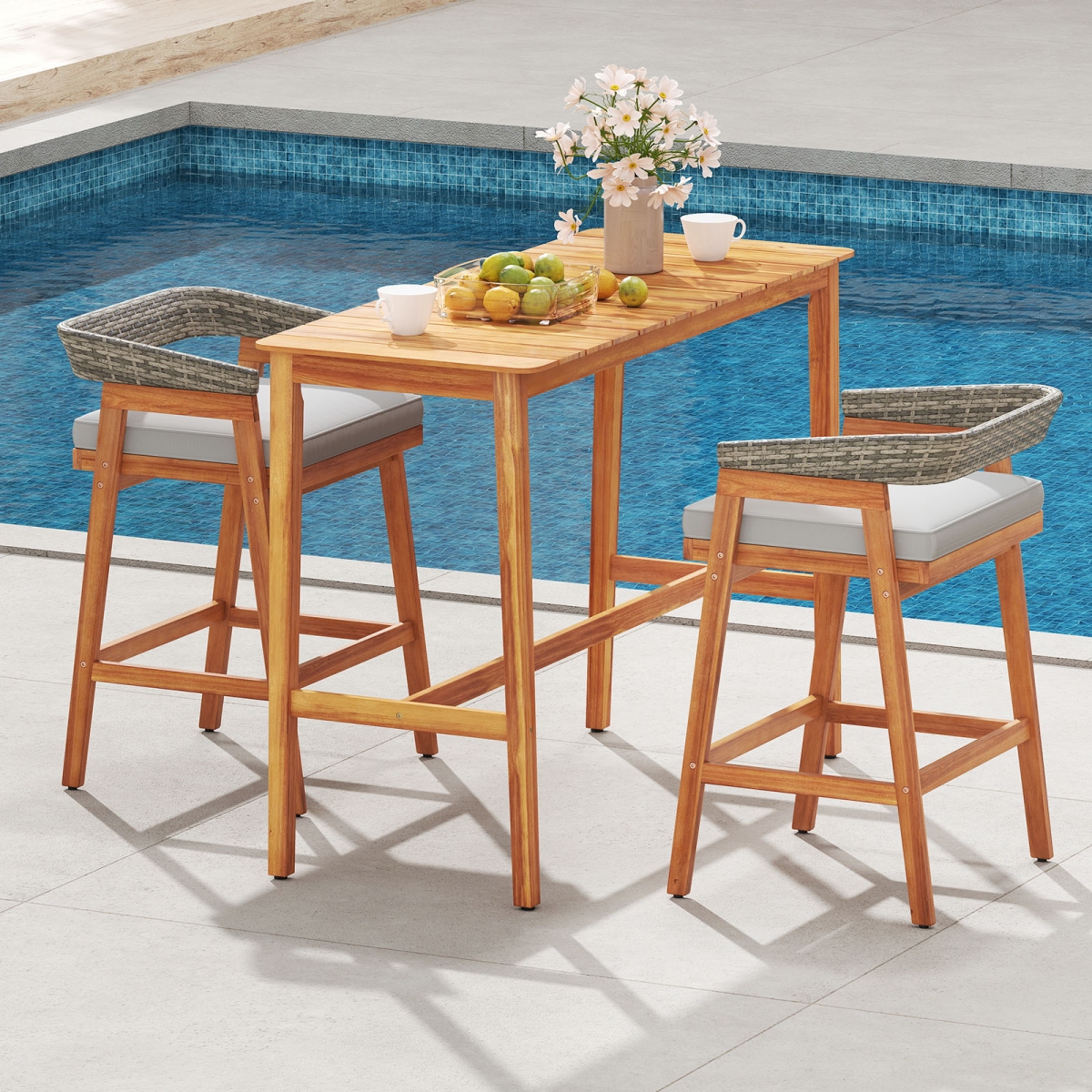 HW73221- HW73222GR Patio Counter Height Bar Set with 2 Cushioned Barstools - 3 Piece