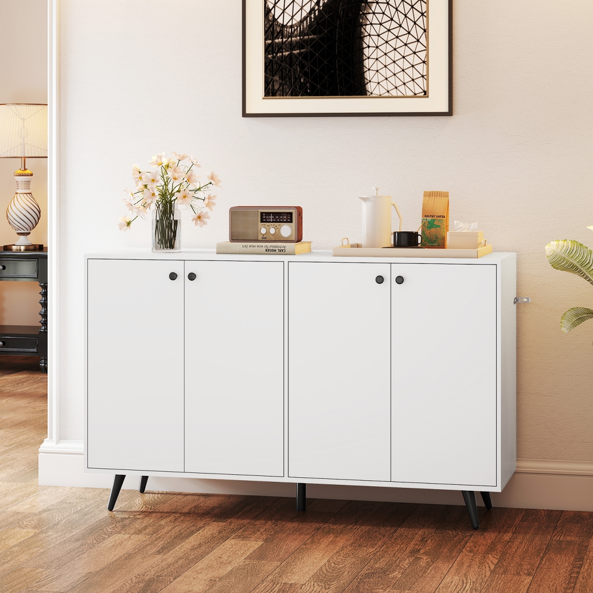 JV12678WH- Buffet Sideboard Mid Century Modern Storage Cabinet with Adjustable Shelves - White