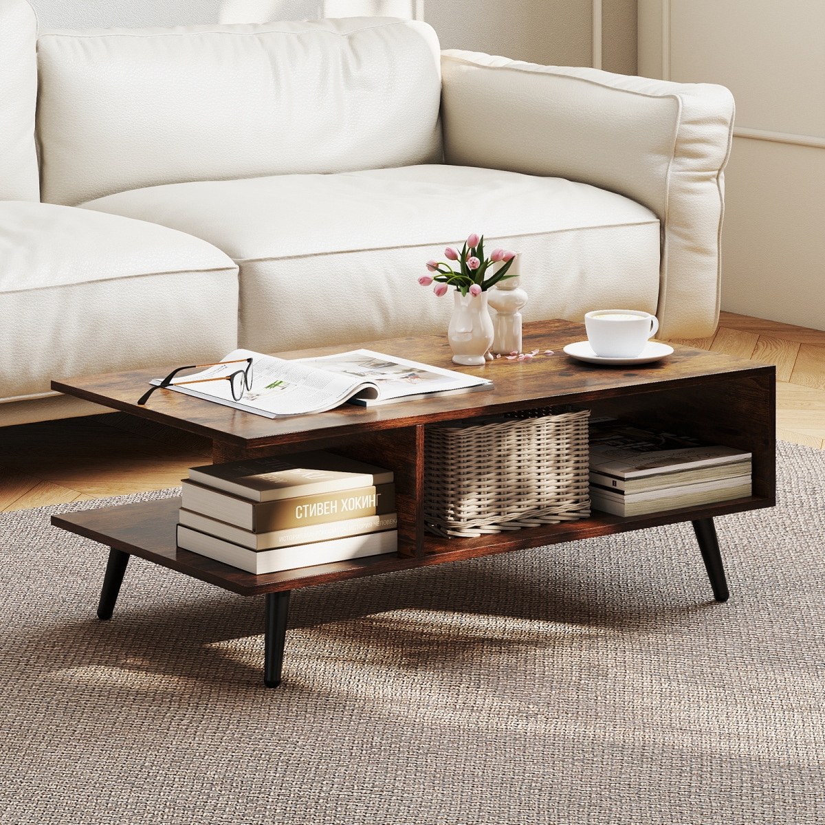 JV12686CF Mid Century Modern Rectangle Coffee Table 2-Tier Accent Table with 2 Open Compartments - Rustic Brown