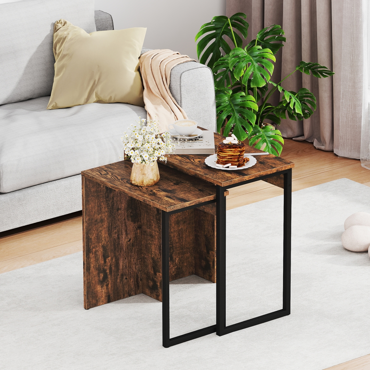 JV12704CF 2-in-1 Nesting Coffee Table for Living Room & Bedroom - Rustic Brown - Set of 2