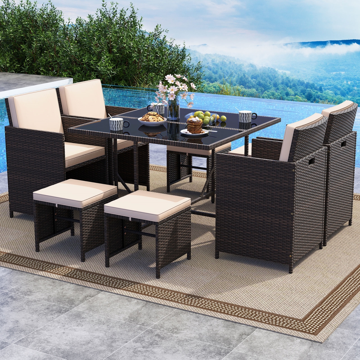 HW74021BN- Patio Dining Set with Tempered Glass Table & Ottoman - Beige - 9 Piece
