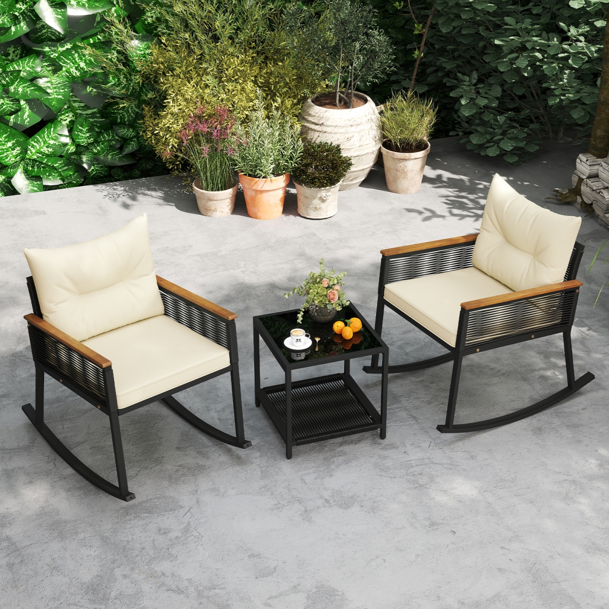 HW74039WH Outdoor PE Rattan Rocking Bistro Set with 2-Tier Coffee Table - Black - 3 Piece